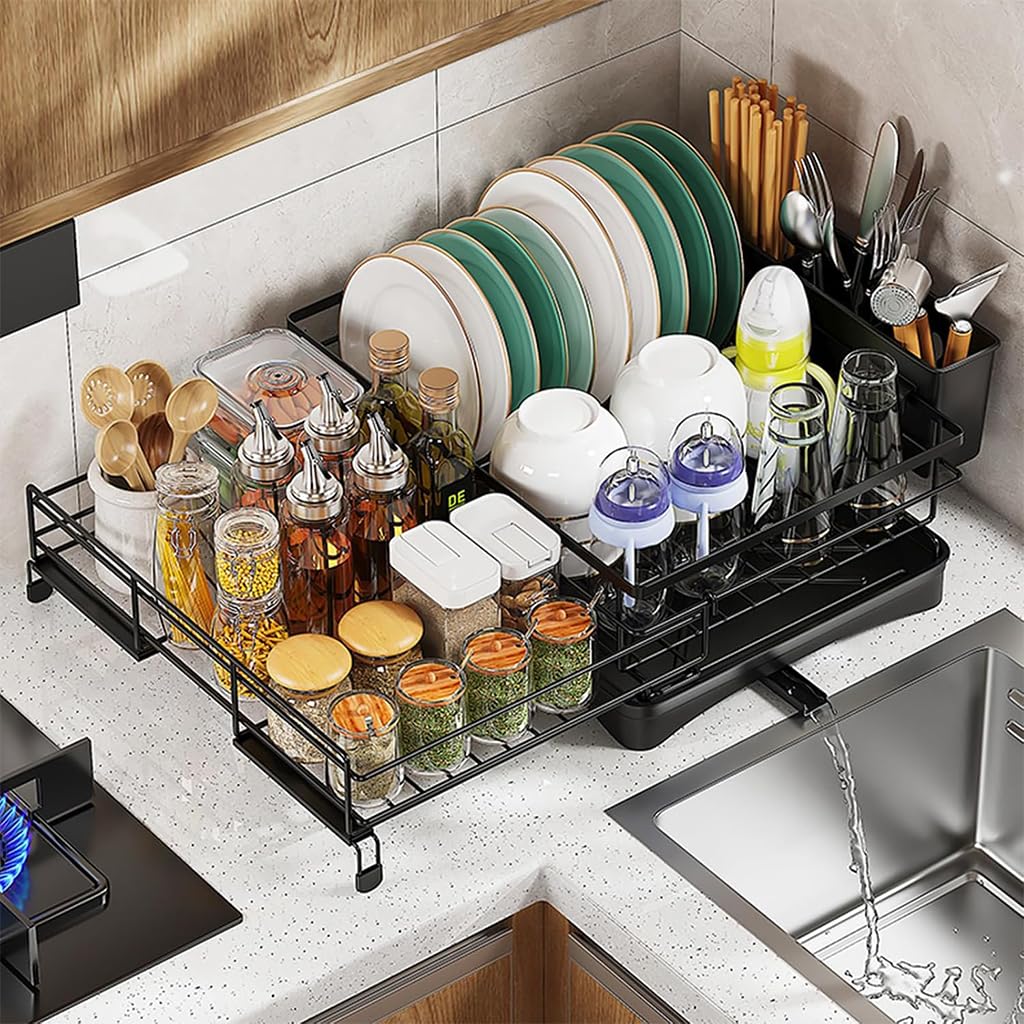 HASTHIP Large Metal Dish Drying Rack with Expandable Cutlery Holder and Drip Tray, Multi-Functional Kitchen Organizer, Telescopic Tableware Holder Organizer for Dish, Bowl, Tableware HASTHIP Large Metal Dish Drying Rack with Expandable Cutlery Holder and Drip Tray, Multi-Functional Kitchen Organizer, Telescopic Tableware Holder Organizer for Dish, Bowl, Tableware